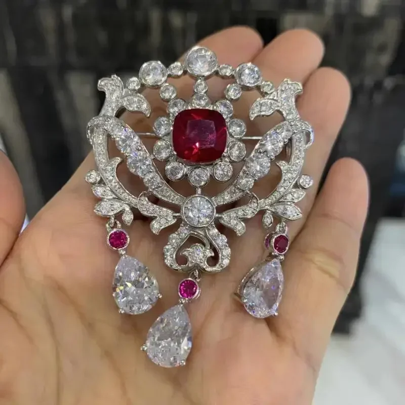 

Pirmiana2023 New Retro Design S925 Silver Lab Ruby Brooch Cubic Zircona Gemstones Fashion Jewelry