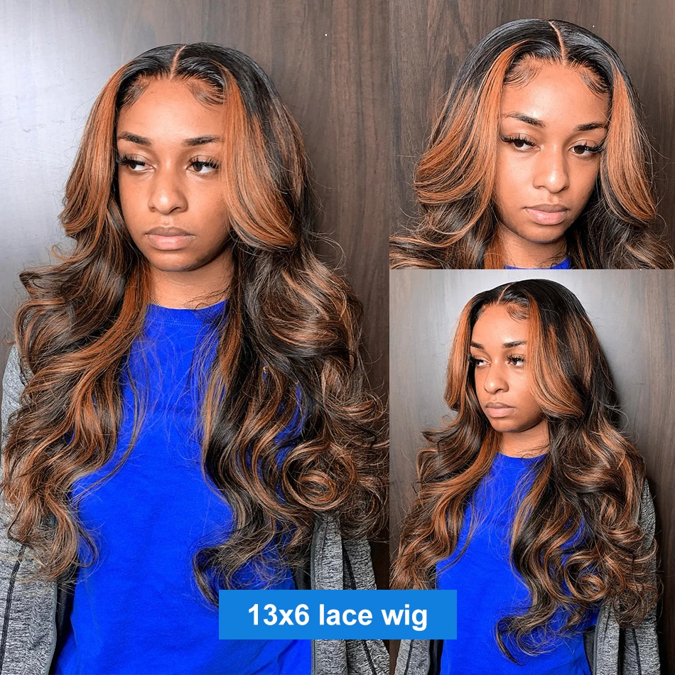 1B/30 Black Brown Body Wave Wigs 13x6 HD Lace Frontal Wigs Ombre Highlight 4x4 13x4 HD Lace Front Wig Human Hair For Women