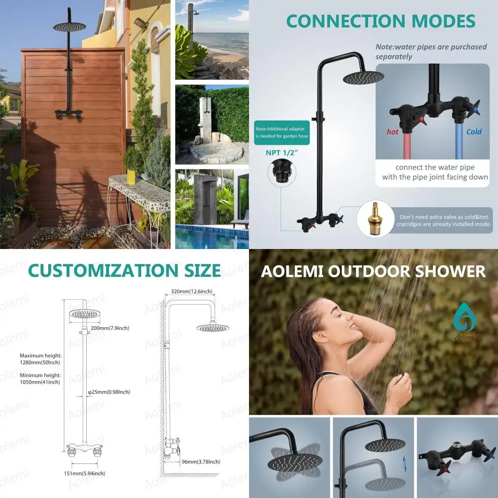

Double Handle Outdoor Shower Kit with 8 Rainfall Head, Adjustable Height, Matte Black Finish