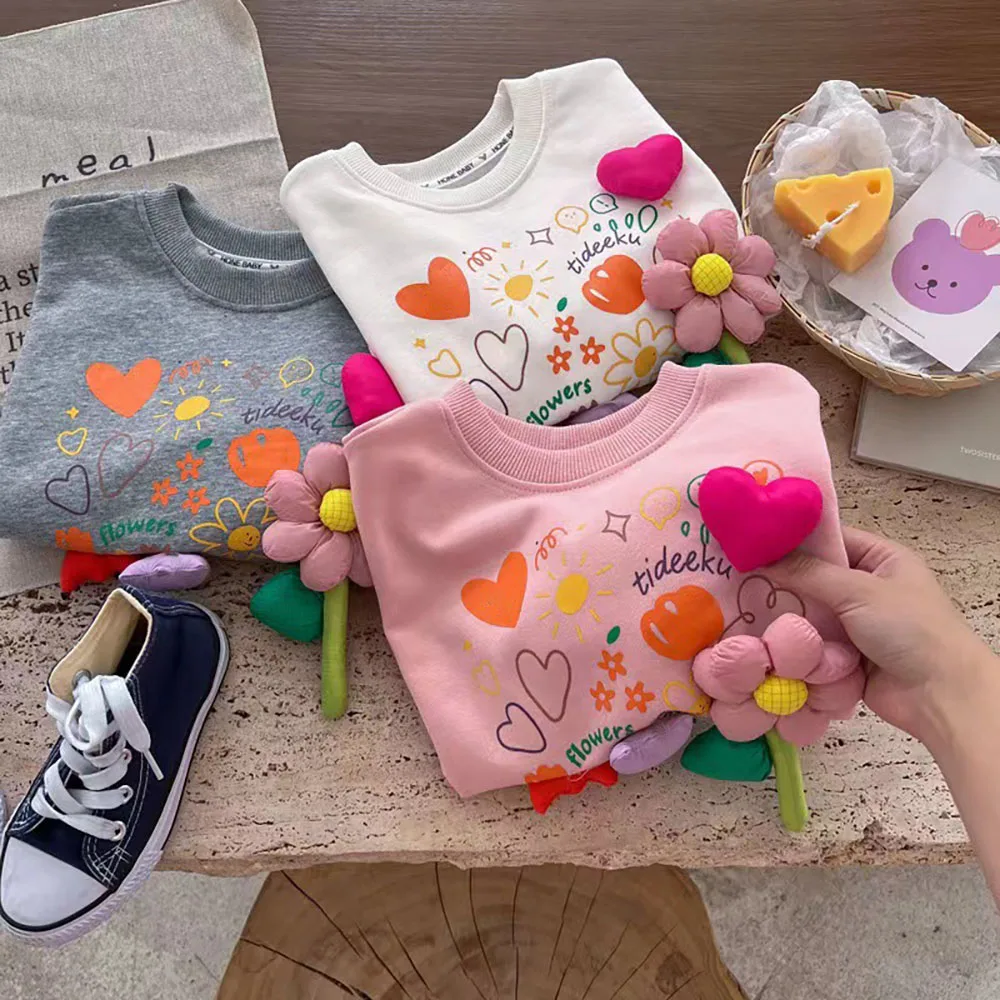 Cute Baby Girls Floral Pullover Sweatshirts Spring Autumn Korean Casual Long Sleeve O-Neck Shirt Kids Tops Children Clothes