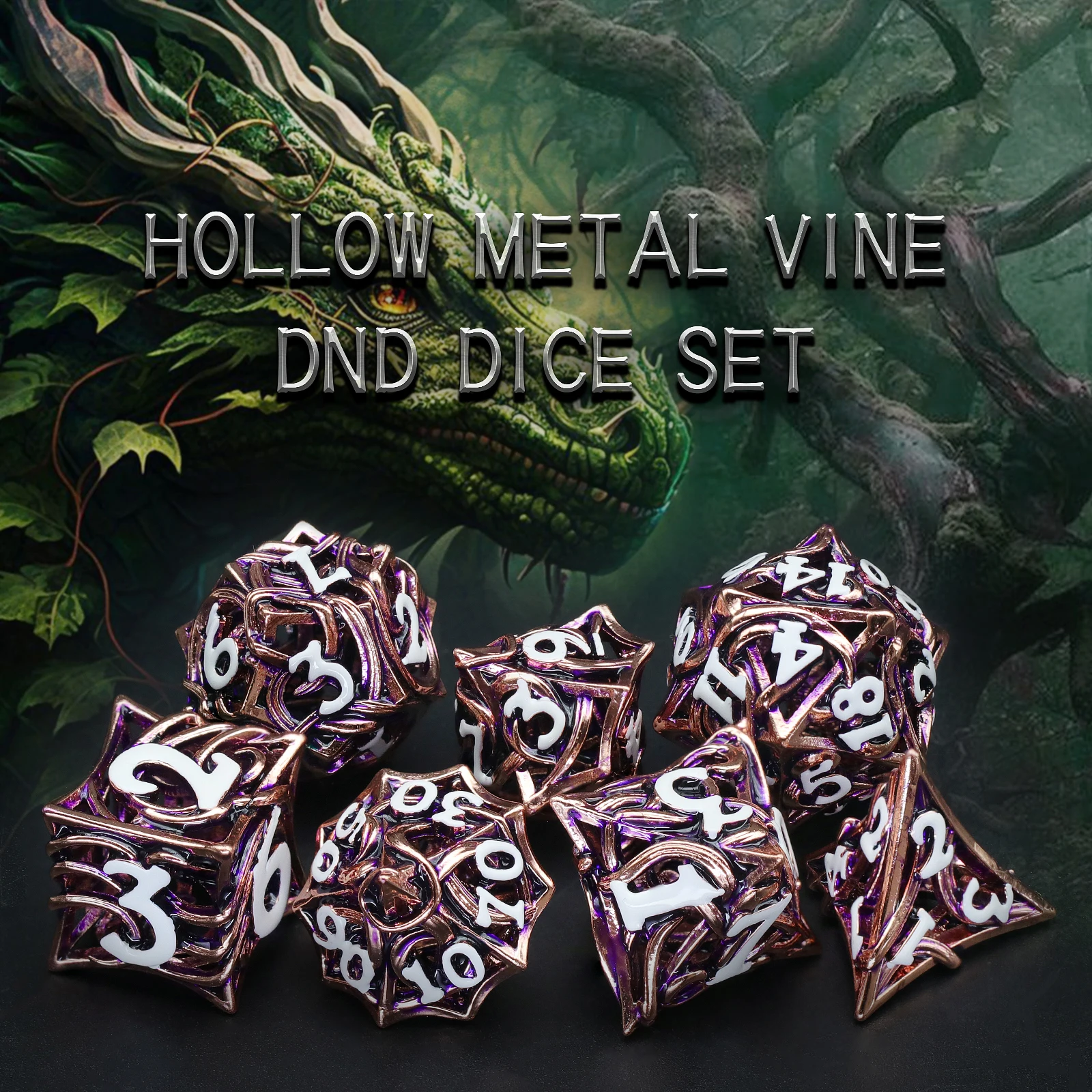 DND 7PCS Polyhedral Dice Set Hollow Metal Vine D&D Dice RPG Dice For Dungeons and Dragon, Role Playing Game (Rose Glod)