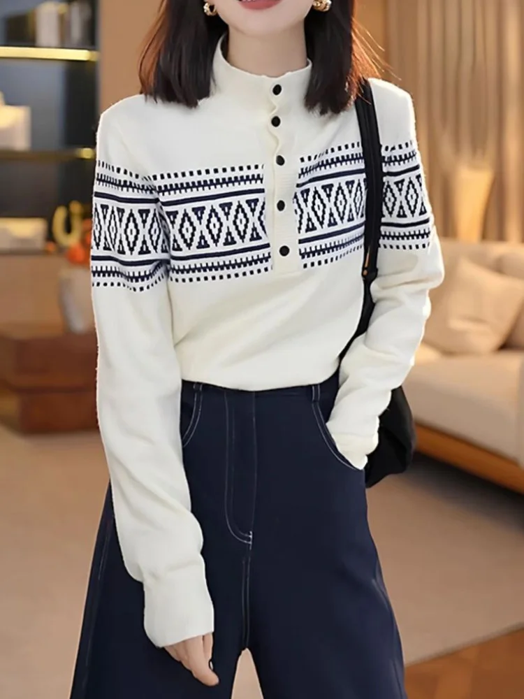 Half High Collar Baggy Knitted Sweater Women's Casual Korean Fashion Bottom Pullovers Button Soft Long Sleeved Knitwear Sueter