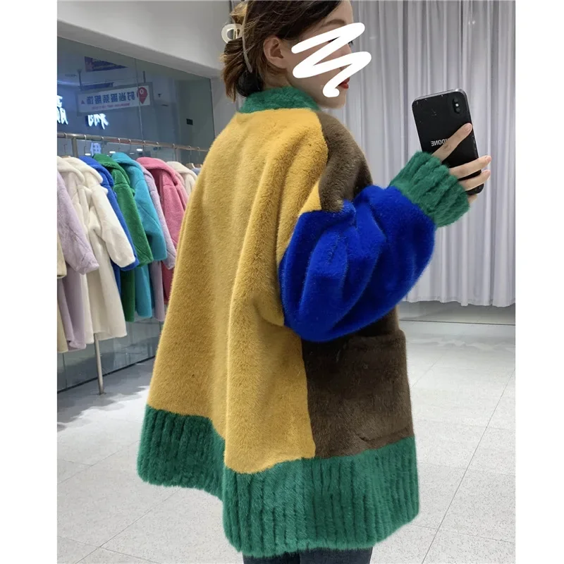 2022 New Faux Fur Mink Mao Mao Mink Coat Environmental Protection Fur Contrast Wide Fashion Women Coat in The Long Sectio