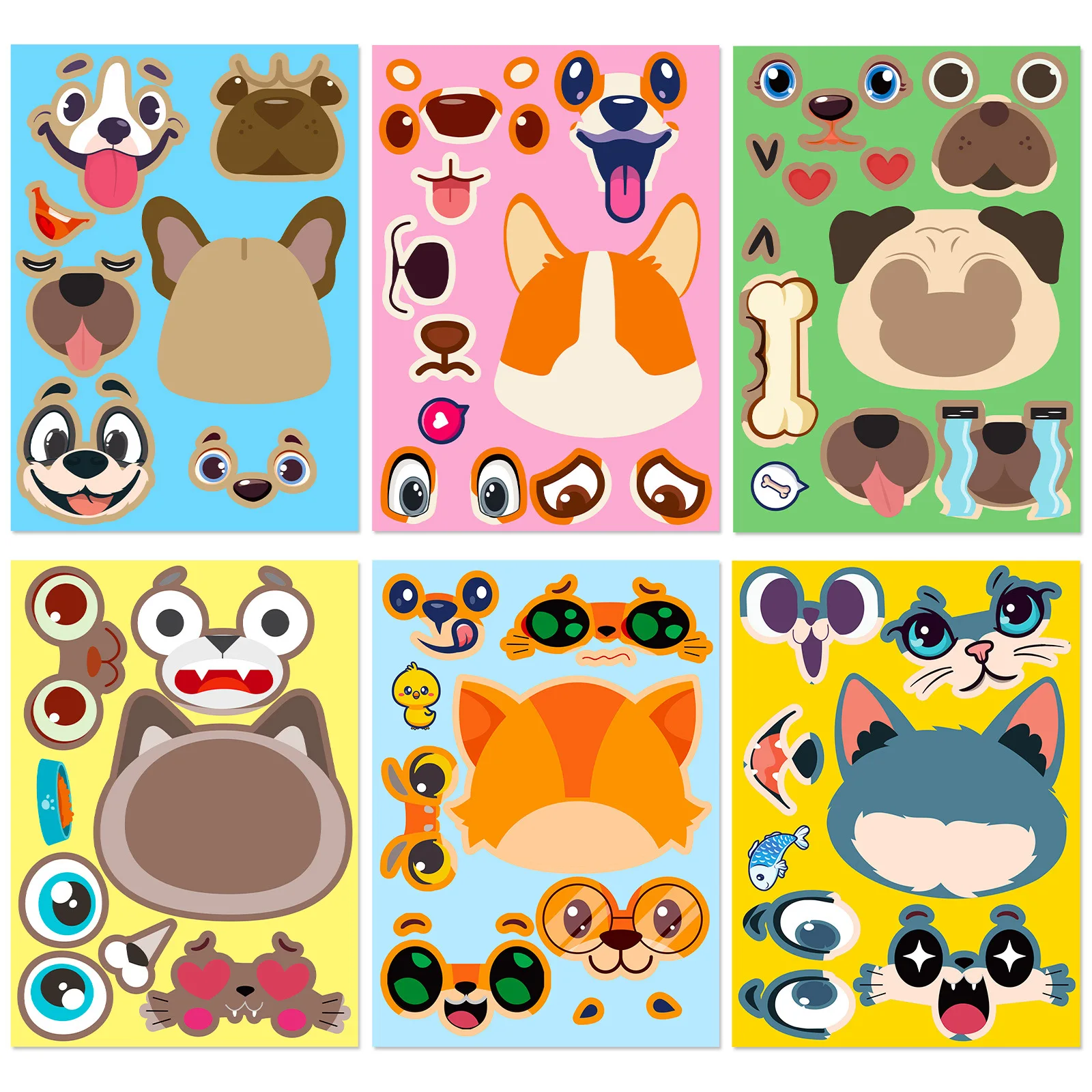 6 pcs cute cat and dog DIY puzzle stickers, funny face dressing, assembling puzzle stickers, children\'s puzzle toys