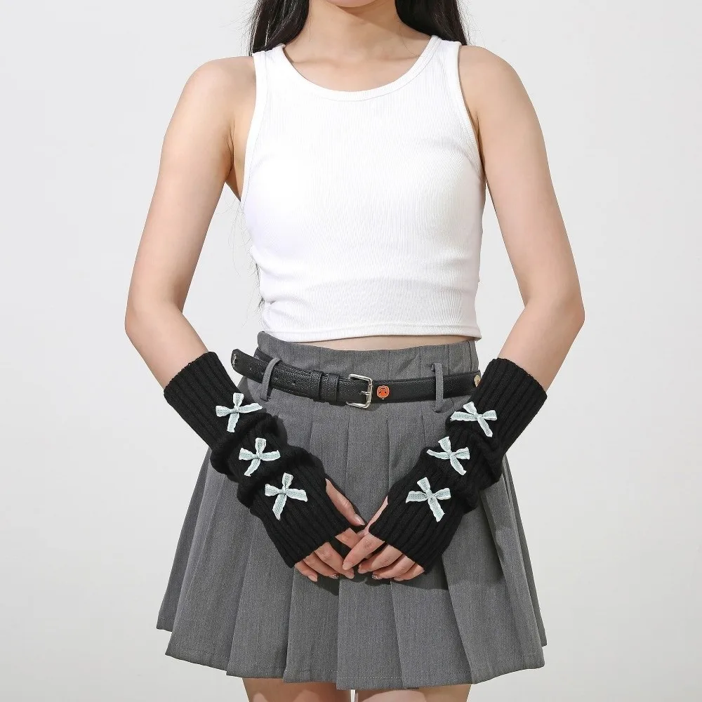 Fashion Thicken Bow Arm Warmers Long Knit Soft Knitted Y2K Fingerless Gloves Sweet Bowknot Sleeve Cover Autumn