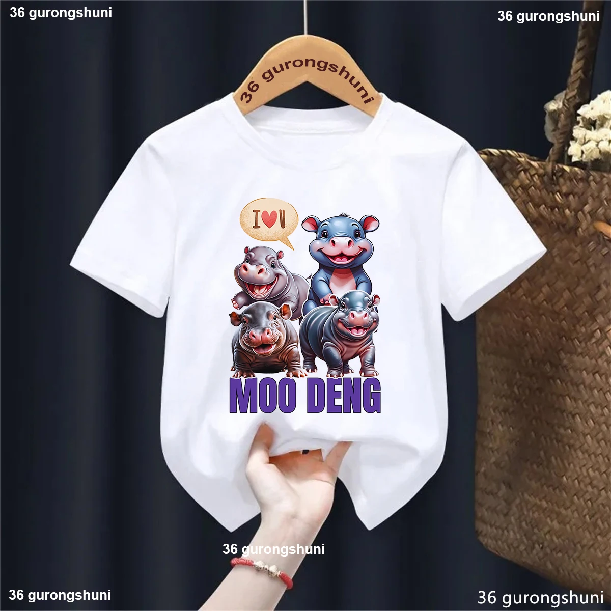 

I Love Moo Deng Graphic Printed T Shirt Girls/Boys Kawaii Kids Clothes Summer Fashion White/Pink/Blue/Yellow T-Shirt Tee Tops