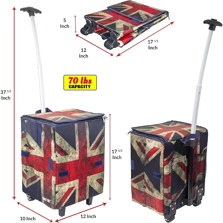 Smart Cart Britain Collapsible Rolling Utility Cart with Basket for Grocery Shopping Teacher Storage Hobby Craft Art Projects D