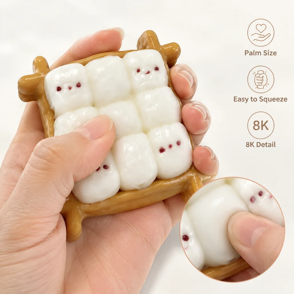 Food Grade Silicone Mini Marshmallow Squishy Toy Cute White Cube Character With Tray Soft Squeeze Stress Relief Fidget Hand Play