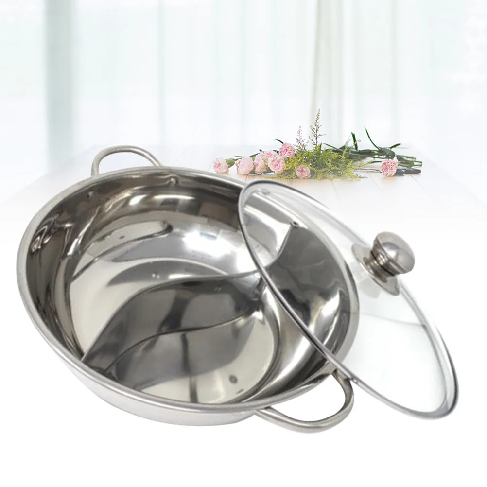 

30 Cm Stainless Steel Hot Pot With Glass Lid Dual Divider Two Flavors Family Gathering Cookware Induction