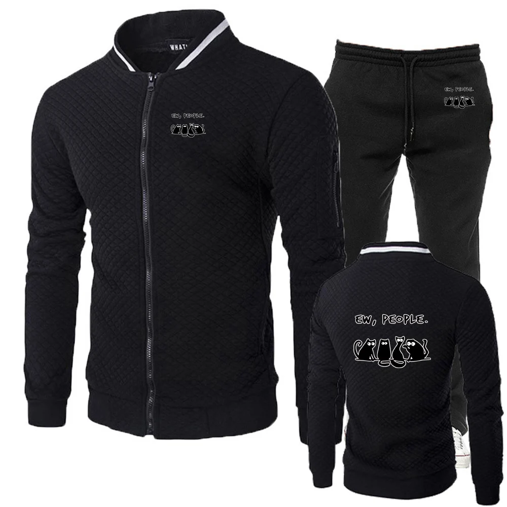

Мужские костюмы Slim Fit с забавным принтом кошки, весна-осень 2026, уличный стиль, премиум-класс, однотонные худи и брюки