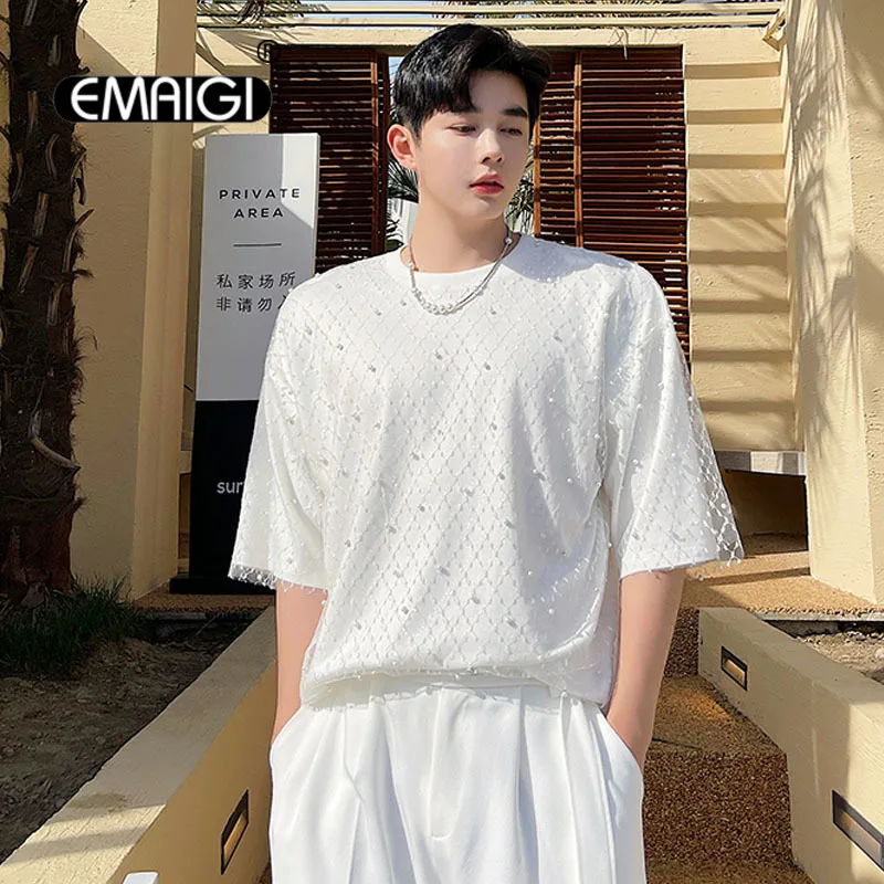 

Men 2 Layers Splice Beaded Pearl Mesh Short Sleeve Loose Casual T-shirt Male Korean Streetwear Fashion White Tops Tees Shirts