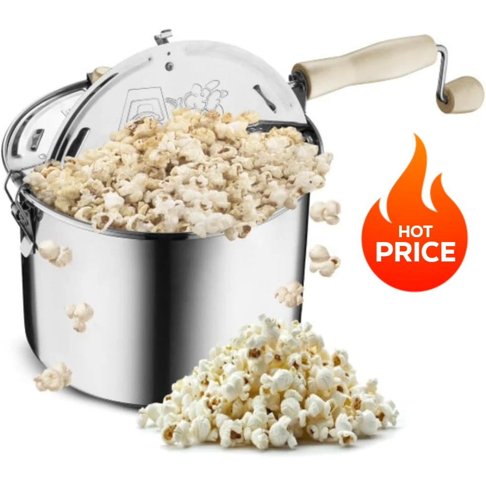 ماكينة صنع الفشار الفضية سعة 6.5 لتر من الفولاذ المقاوم للصدأ مع كرنك يدوي وغطاء بفتحات تهوية ومجداف تحريك، سهلة الاستخدام، متينة