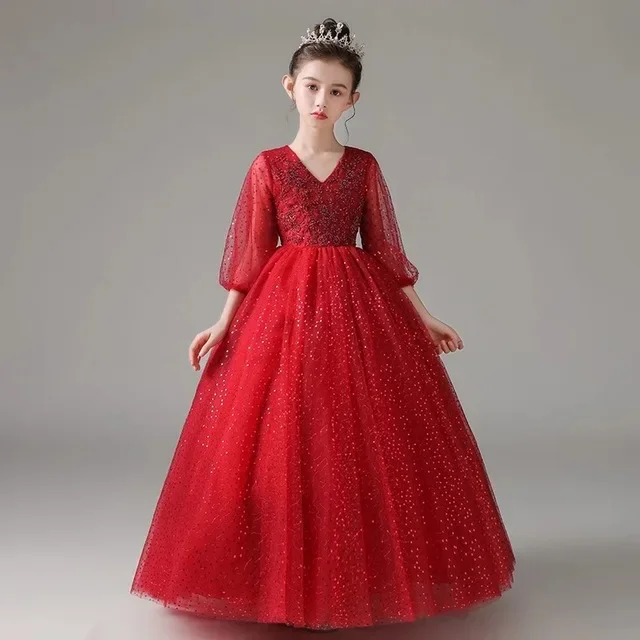 Sequins Evening princess dress first communion dress long girls flower wedding kids ball gown baby fluffy elegant costume 2024