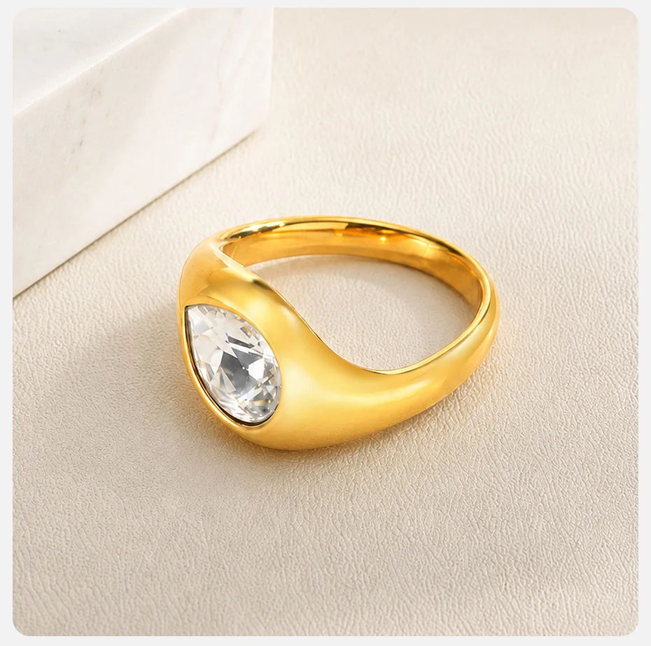Vnox Eleganter Wassertropfen-CZ-Ring für Damen, Edelstahl, vergoldet, AAA-glänzender Zirkonia-Statement-Ring, Alltagsschmuck – Detail 6