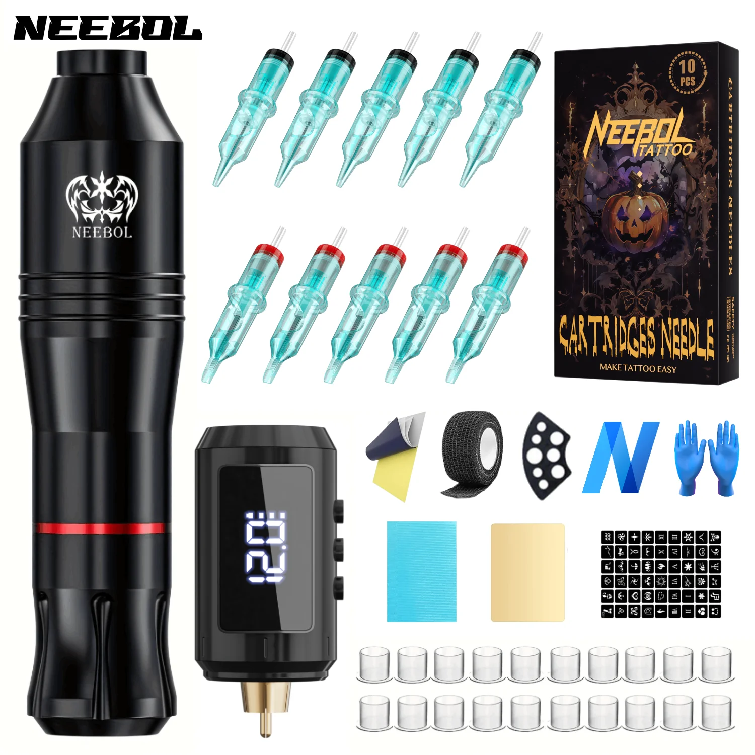 

Neebol Tattoo Kit Halloween Limited Tattoo Pen Kit For Permanent Makeup Tattoo Machine Kit Wireless Power Supply Tattoo Gun Kit