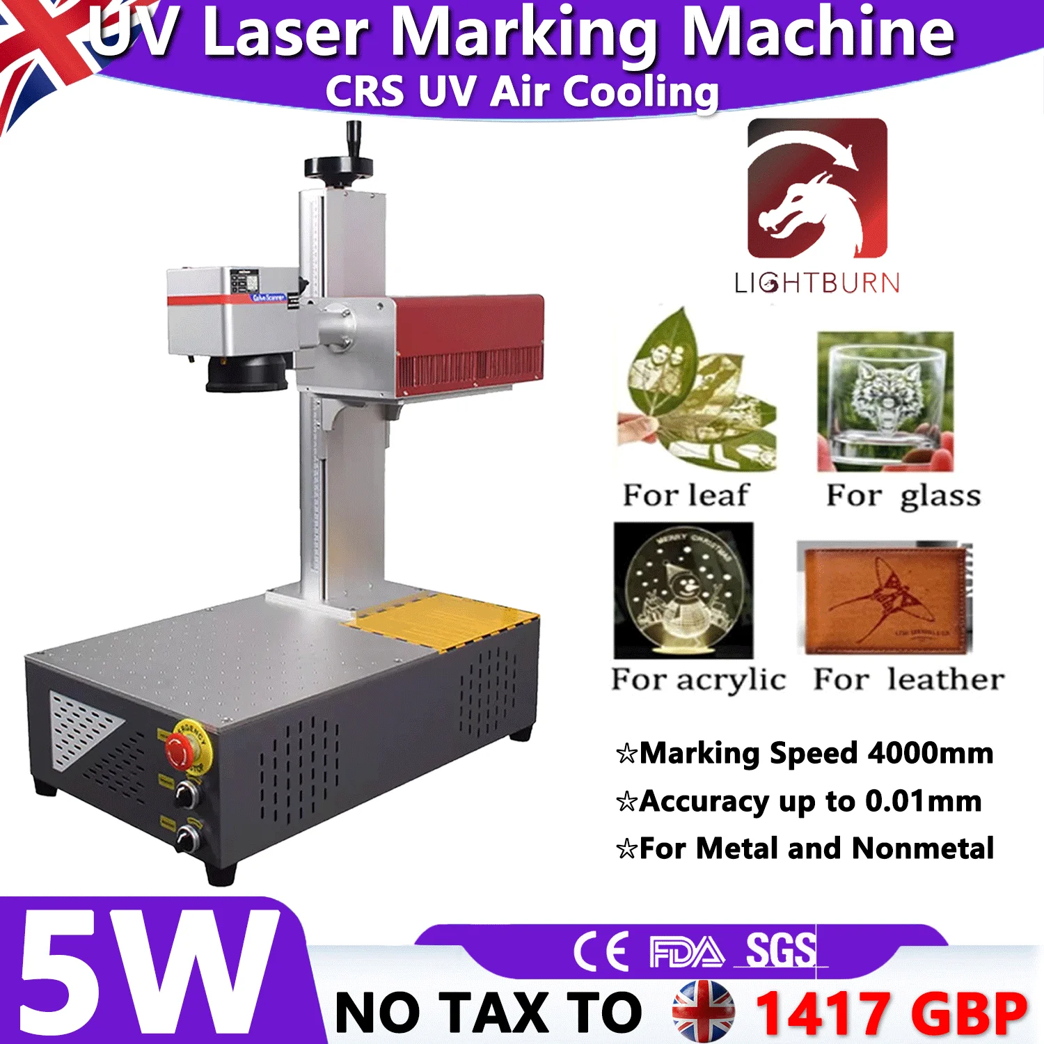 

5W CRS Portable Air Cooling UV Laser Engraver Marking Machine UV Fiber Laser for Glass Crystal Metal Plastic PVC Wood Acrylic