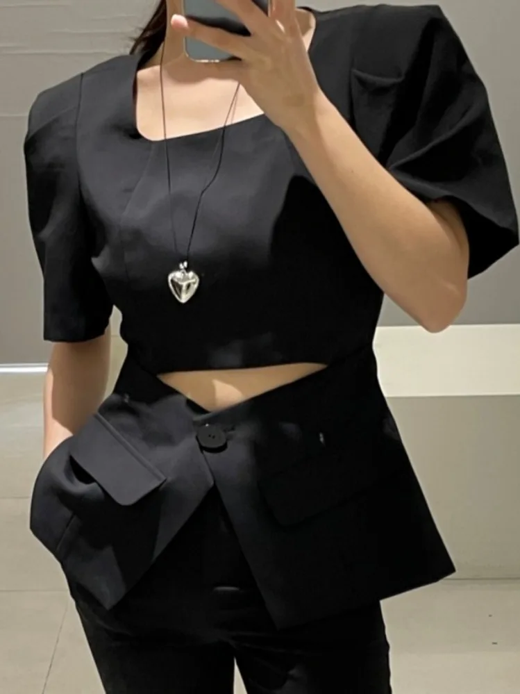 

Chic Summer Slimming Suit Design ort Sve Women's irt Waist Cinched Bubble Sve Casual Sle Pure Color Faion