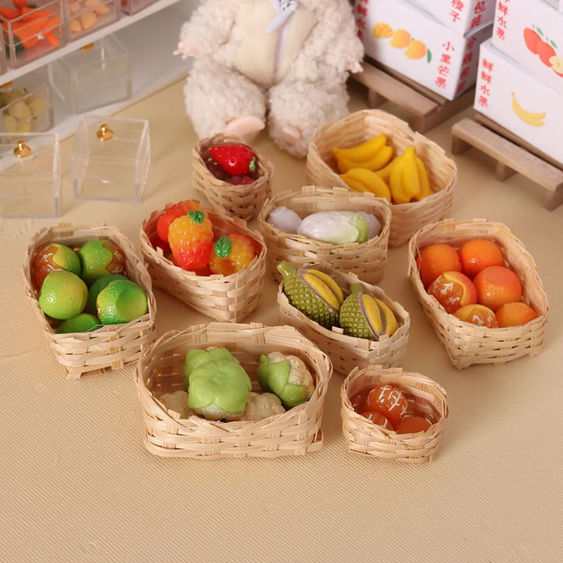 Cesta tejida en miniatura para casa de muñecas, Mini cestas de almacenamiento hechas a mano, cesta de frutas y verduras, accesorios para juguetes