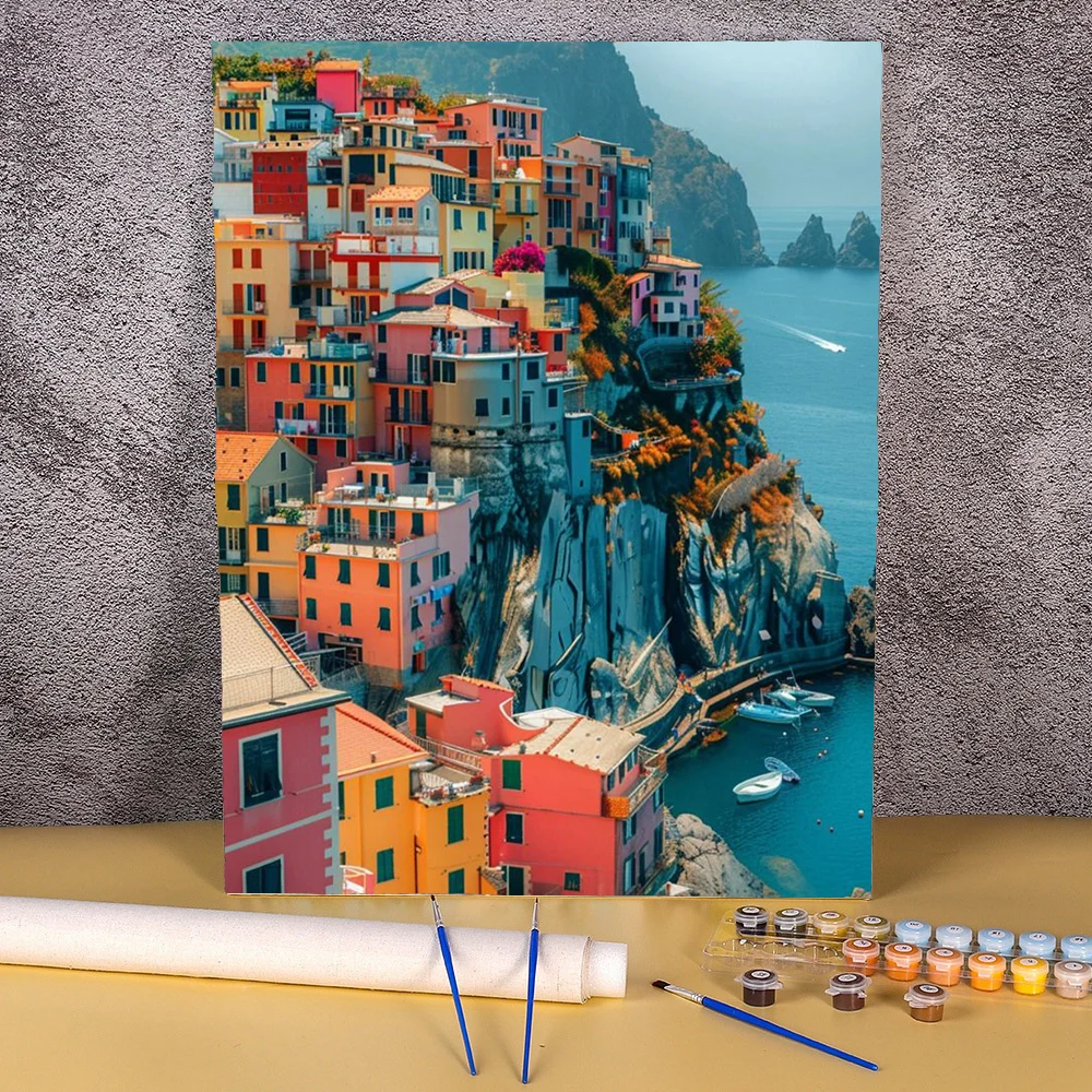 Paint By Numbers Kit Cliff Town Seascape Painting By Numbers On Canvas Paints For Adults DIY Gift Home Decor Wall Art Picture