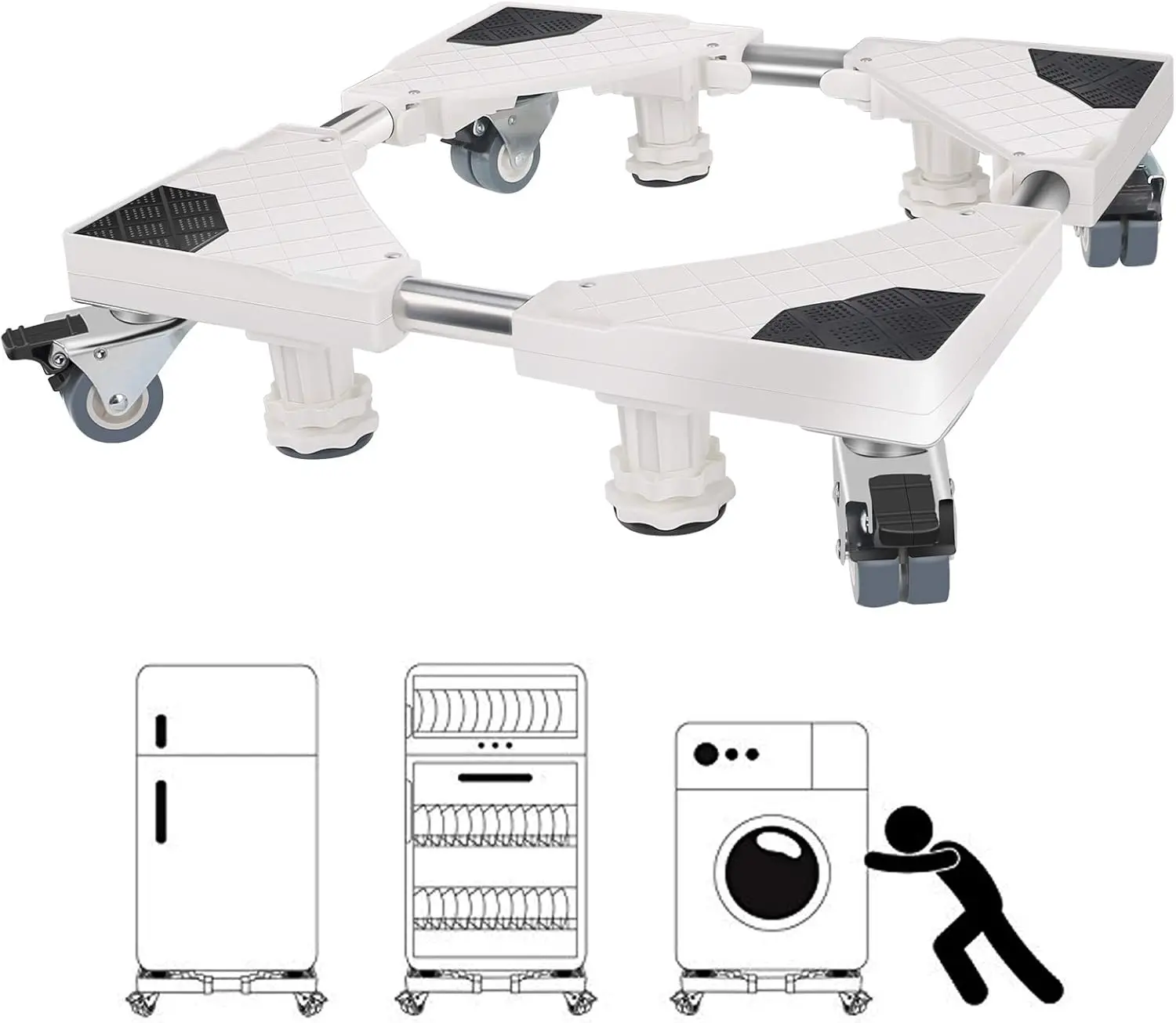 Support De Machine à Laver, Base Pour RéFrigéRateur/Lave-Linge/SèChe-Linge, RéGlable En Longueur 47Cm-69Cm, Support Charge 150 Kg, Avec L'effet De RéDuiction Du Bruit, Noir Blanc