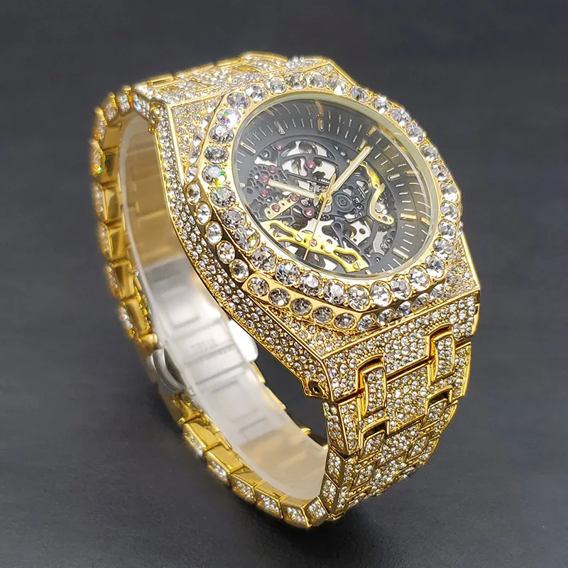 New Dropshipping Diamond Automatic Watch For Men Luxury Golden OAK Mechanical Wristwatch Hip Hop Ice Out Skeleton Original Clock