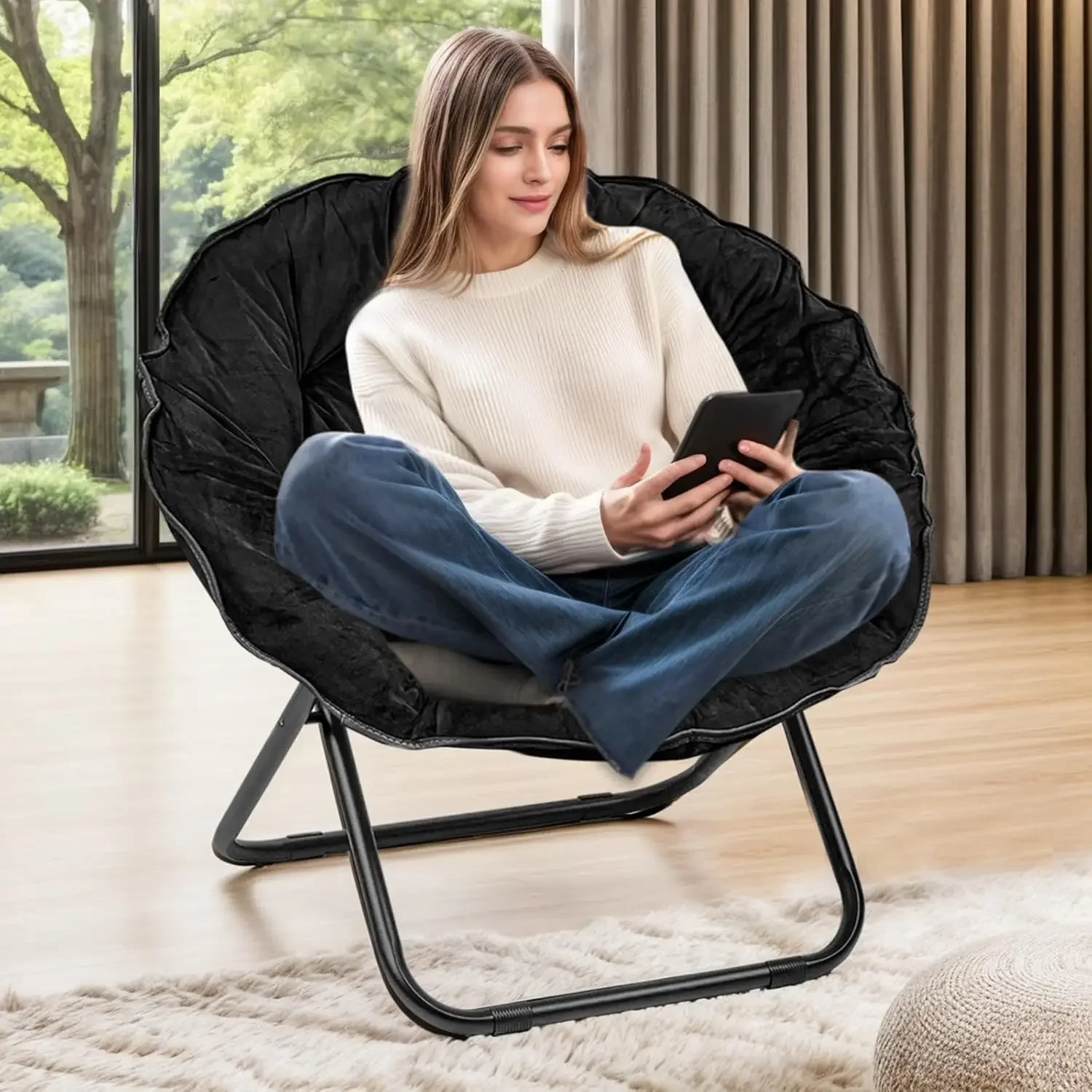 Saucer Chair,Portable Folding Soft Moon Chair for Bedroom, Dorm Rooms, Apartments, Lounging, Garden and Courtyard, Black