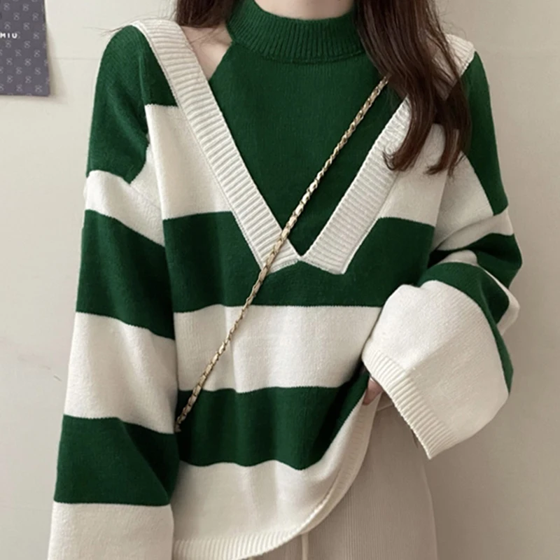 Loose Fake Two Pieces Striped Knitted Sweater Women Round Neck Off Shoulder Long Sleeve Tops Casual Ladies Knitshirts Clothes