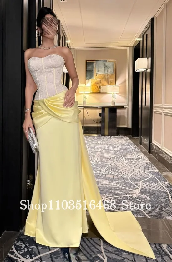 Vestido de fiesta personalizado de Oriente Medio, vestido estilo corsé de encaje sin tirantes, vestido de noche sencillo y elegante de color amarillo pálido, ocasiones formales