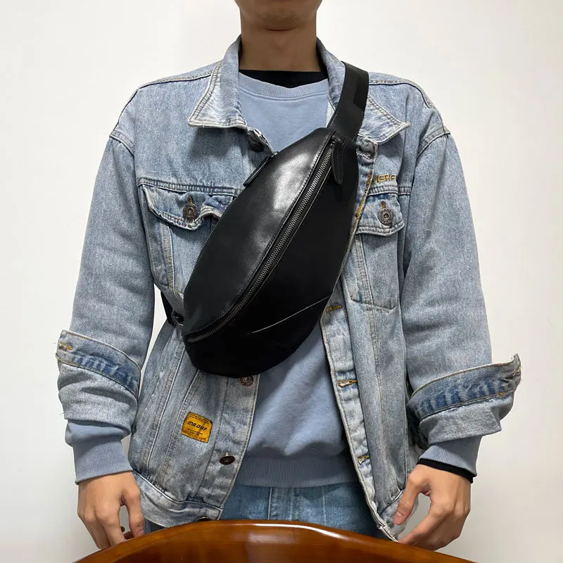 

PNDME fashion casual designer handmade genuine leather stitching men's chest bag party luxury cow leather sports crossbody bag