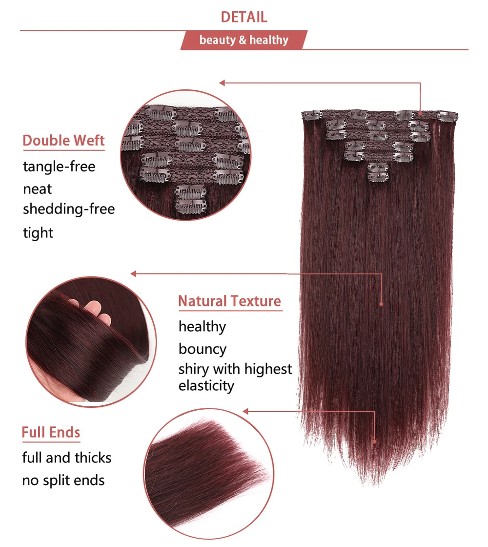 Grampo em extensões de cabelo humano borgonha em linha reta adicionar cabelo natural feminino 18 Polegada clipe sem emenda em extensões de cabelo humano real