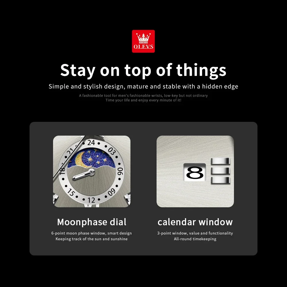 OLEVS 2956 ساعة كوارتز رجالية فاخرة ماركة موضة أصلية كبيرة الطلب تاريخ تلقائي مقاوم للماء مرحلة القمر ساعات للرجل #4