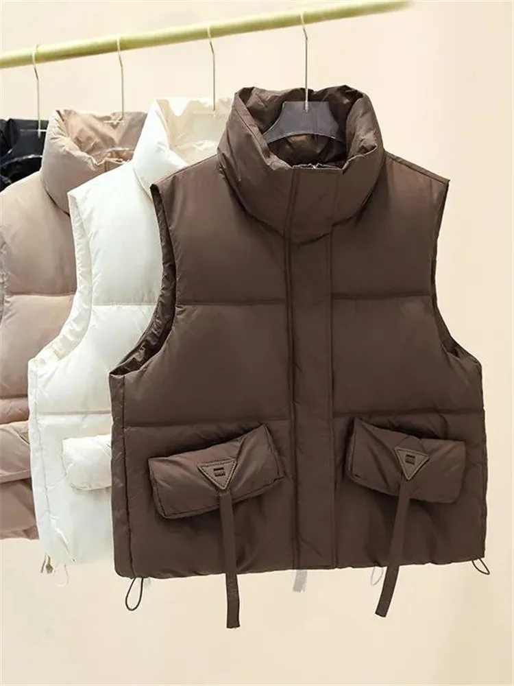 

Women Waistcoat Autumn New 2025 Stand Collar Elegant Down Coat Warm Outerwear Casual Sleeveless Winter Female Vests Jackets Tops