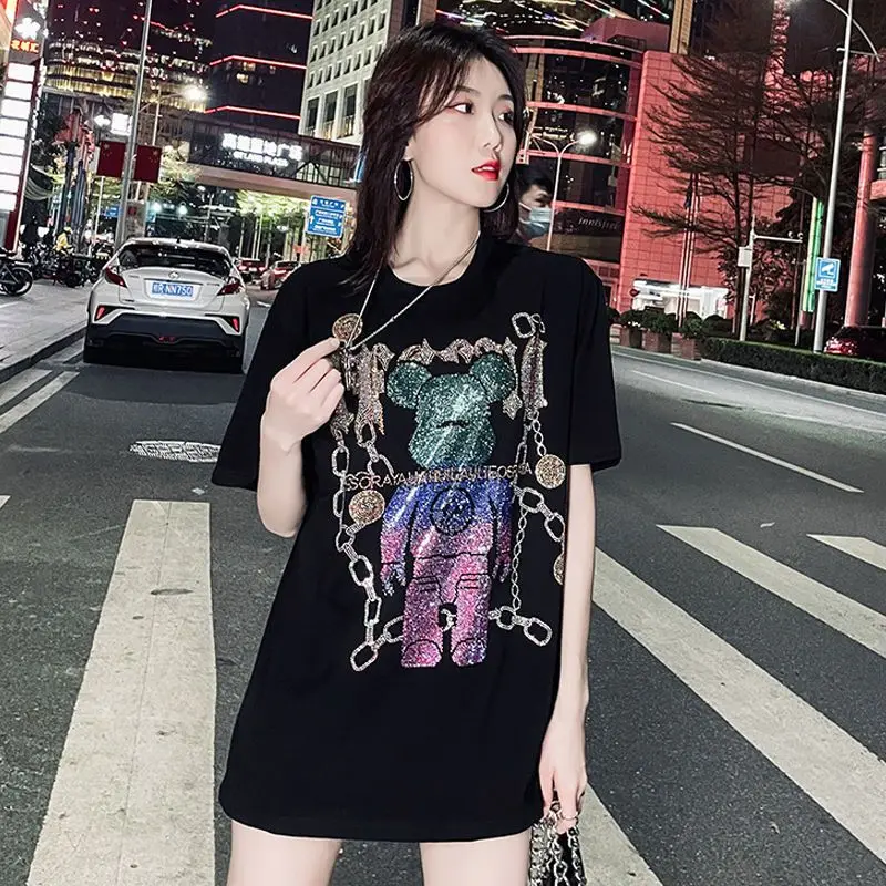 Summer  T-Shirt Women\'s Rhinestones Shirts Cartoon Top  New Pullover Korean Y2K Top KPop Clothes Shirts Women