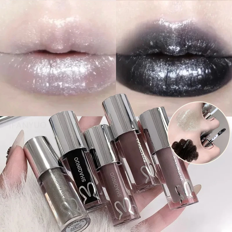 Czarny Gotycki Błyszczyk do Ust Lustrzany Matowy Gotycki Czysty Czarny Srebrny Delikatny Błyszczący Błyszczyk do Ust Niskiej Saturacji Trwały Tint do Ust Makijaż