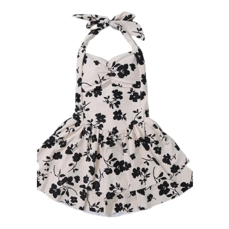 Femmes Sexy licou pansement imprimé fleuri Double couche à volants Mini jupe une pièce maillots de bain été Push Up plage maillot de bain