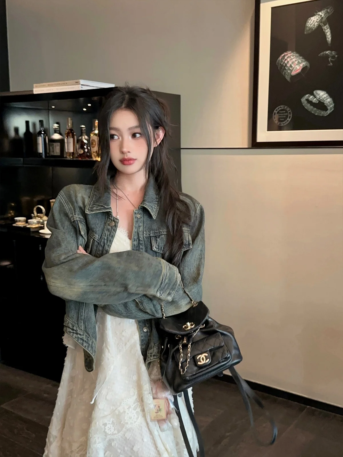 

Chien 2025 New Retro Denim Jaet Women's ort Top Coat Autumn Outerwear Waed Blue Cotton Blend Formal Commute Sle