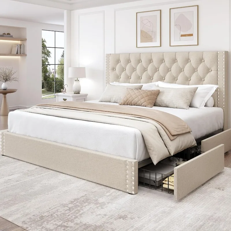 

King Size Platform Bed Frame with 4 Storage Drawers and Headboard Linen with Wood Slats Support, Easy Assembly, Beige