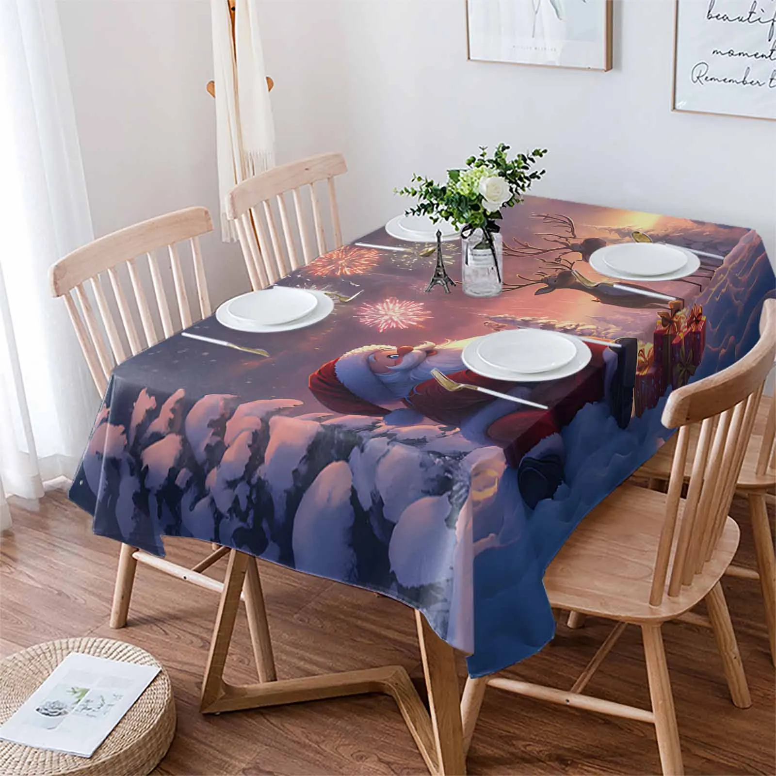 Santa Claus Reindeer Fireworks Gift  Tablecloth Waterproof Dining Table Rectangular Round Table Cover Home Kitchen Decoration