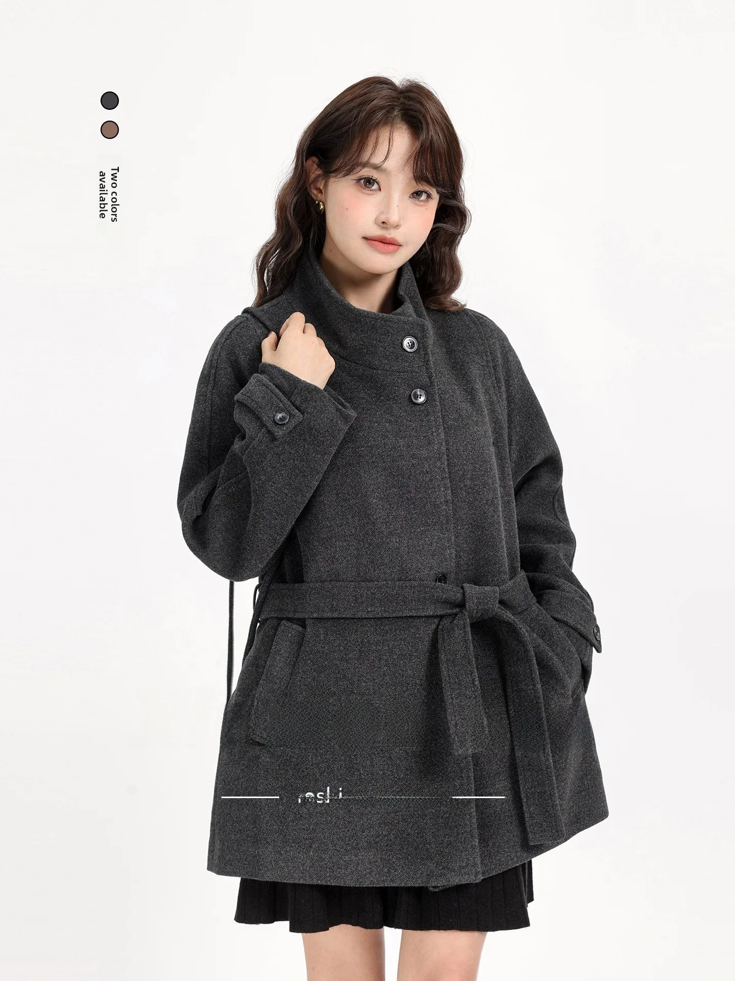 

Двустороннее шерстяное пальто в Корейском стиле с воротником-стойкой и глубокими глазами, женское зимнее новое утягивающее пальто средней длины с застежкой на талии