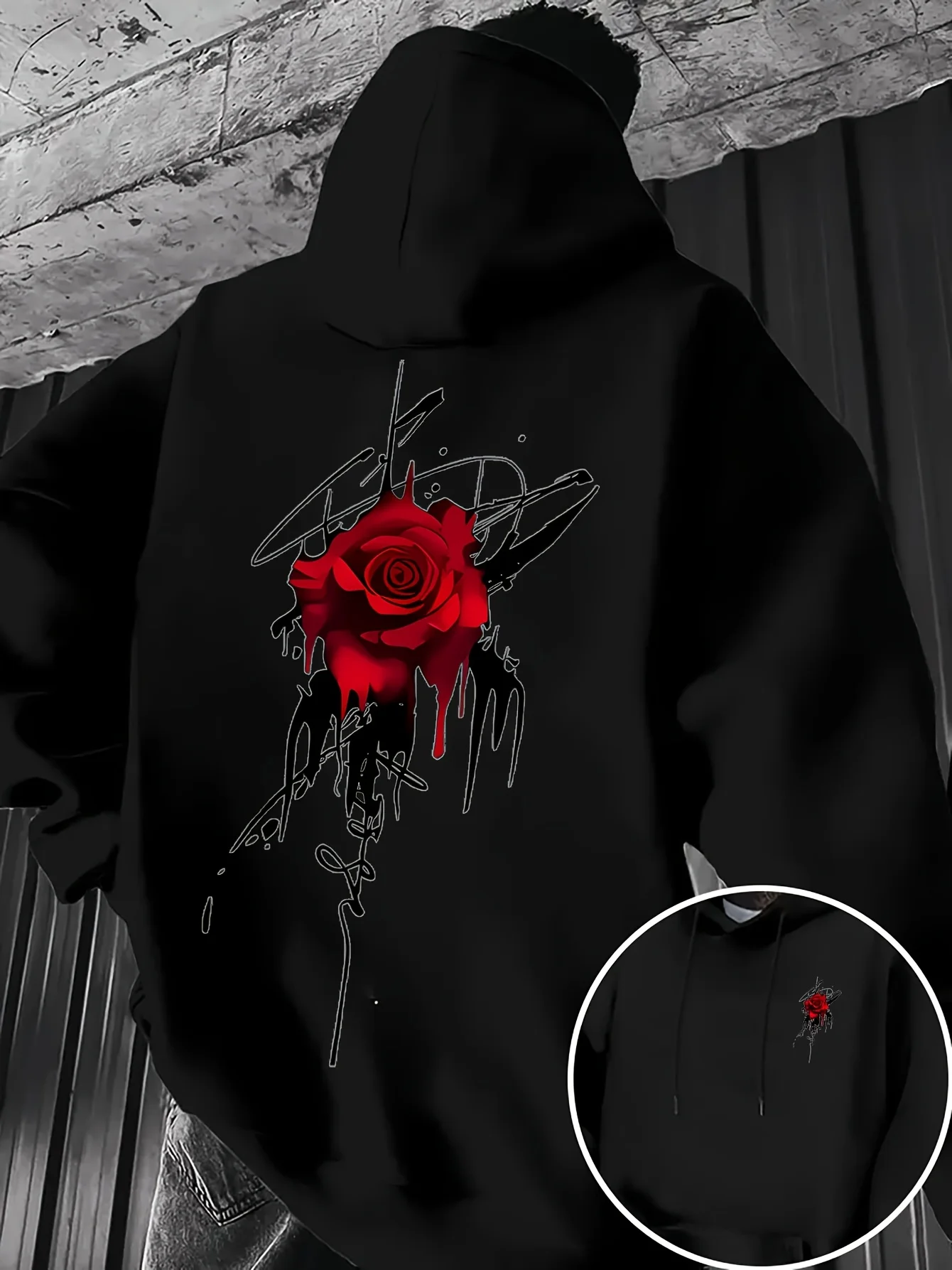 

Men's Fleece-Lined Hoodie with Black Rose & Ink Splatter Graphic, Adjustable Drawstring Hood