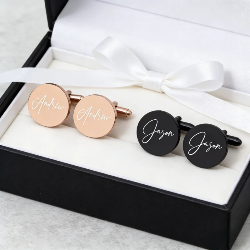 1 Pair Custom Name Cufflinks Personalized Stainless Steel for Groom Groomsman Unique Men's Gift for Birthday Anniversary Wedding