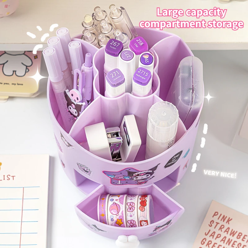 Imagem -02 - Sanrio Kuromi Desktop Pen Holder para Meninas Rotação de 360 ° Grande Capacidade Papelaria Caixa de Armazenamento Kawaii Stikers Cinnamoroll Organizador