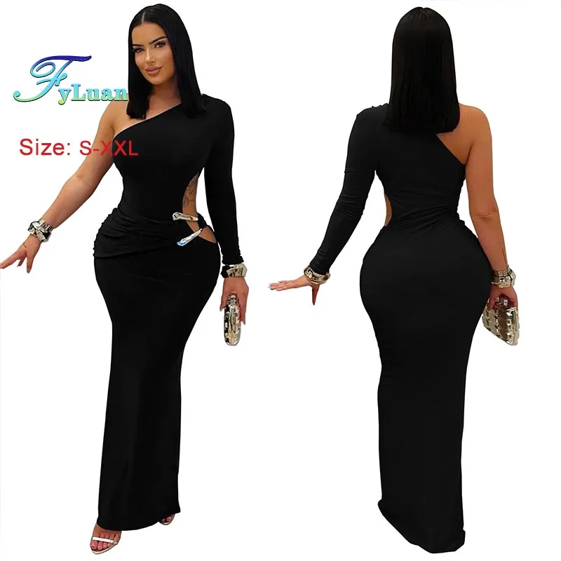 ชุดเดรสผู้หญิงเซ็กซี่ ไหล่เฉียง แขนเดียว ยาว แฟชั่น สีพื้น ทรงเข้ารูป โชว์เอว ชุดราตรี ชุดค็อกเทล