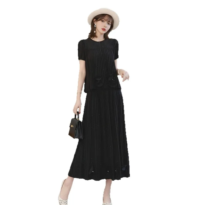 Miyake Pleated 2026 Summer New Round Neck High-End Suit Dress for Women Fashionable Casual Elegant Yellow Top and Pleated Skirt