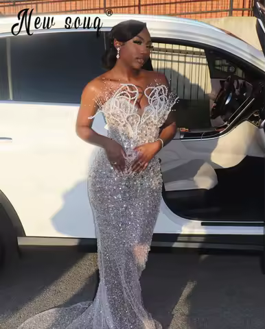 3D Pearls Sweetheart Cocktail Dress Sparkly Sequins Long Mermaid Evening Dress Luxury Bridal Wedding Party Gown Robe De Mari&eacute;e