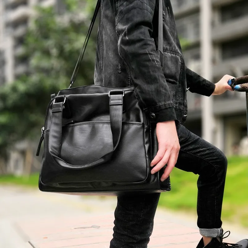 Fashion Trend Men's Handbag PU Leather Black Large Capacity Male Shoulder Cross Bag Travel Messenger Pack 15.6 Compueter Bag