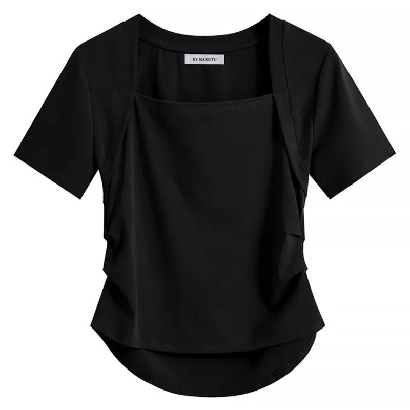 Shoulder length short sleeved women's new oversized  sweet and spicy top summer pleated square neck T-shirt