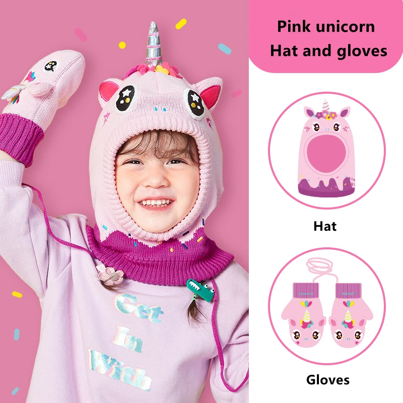 New Winter Cute Children Cartoon Unicorn Scarf Gloves Hat Double Fleece Warmth Boy Girl Child Autumn Windproof Knit Hat