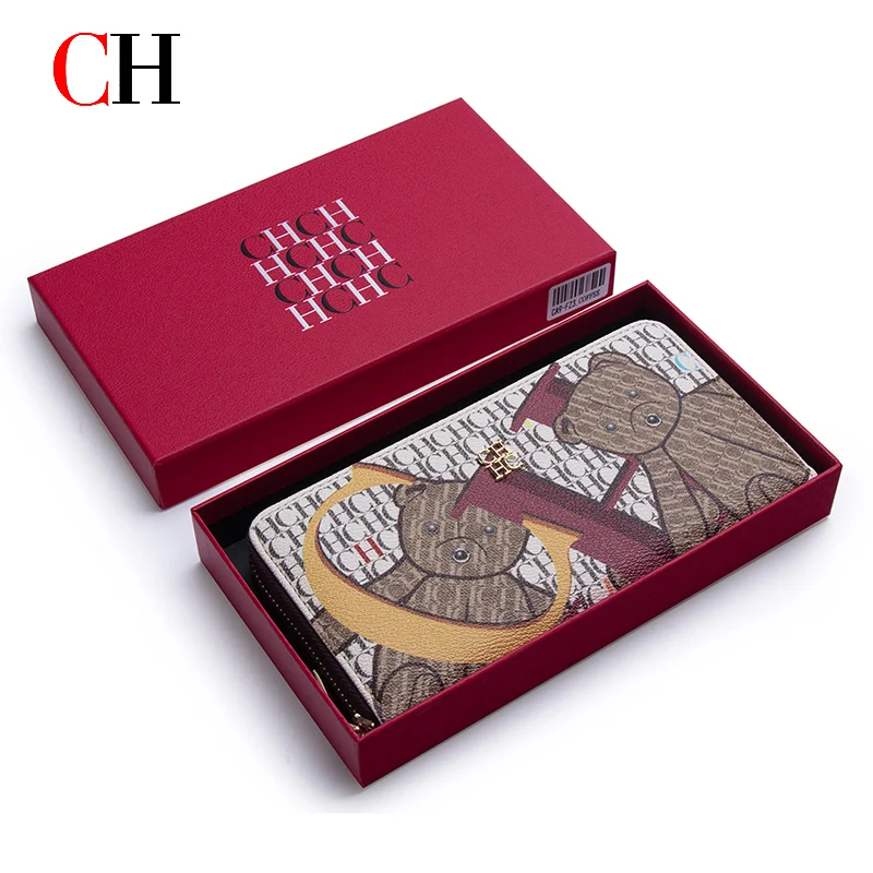CH Women Long Zipper Wallet Vintage Monogram Cute Bear Pattern Large Card Slots Purse With Packaging Box Daily Coin Clutch Bag