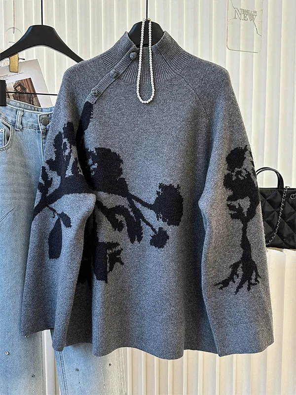 

Вязаный свитер с цветочным узором ручной росписи, свободного кроя, с воротником-стойкой, женский, зимний, новый, универсальный, удобный, мягкий, качественный, для повседневной носки
